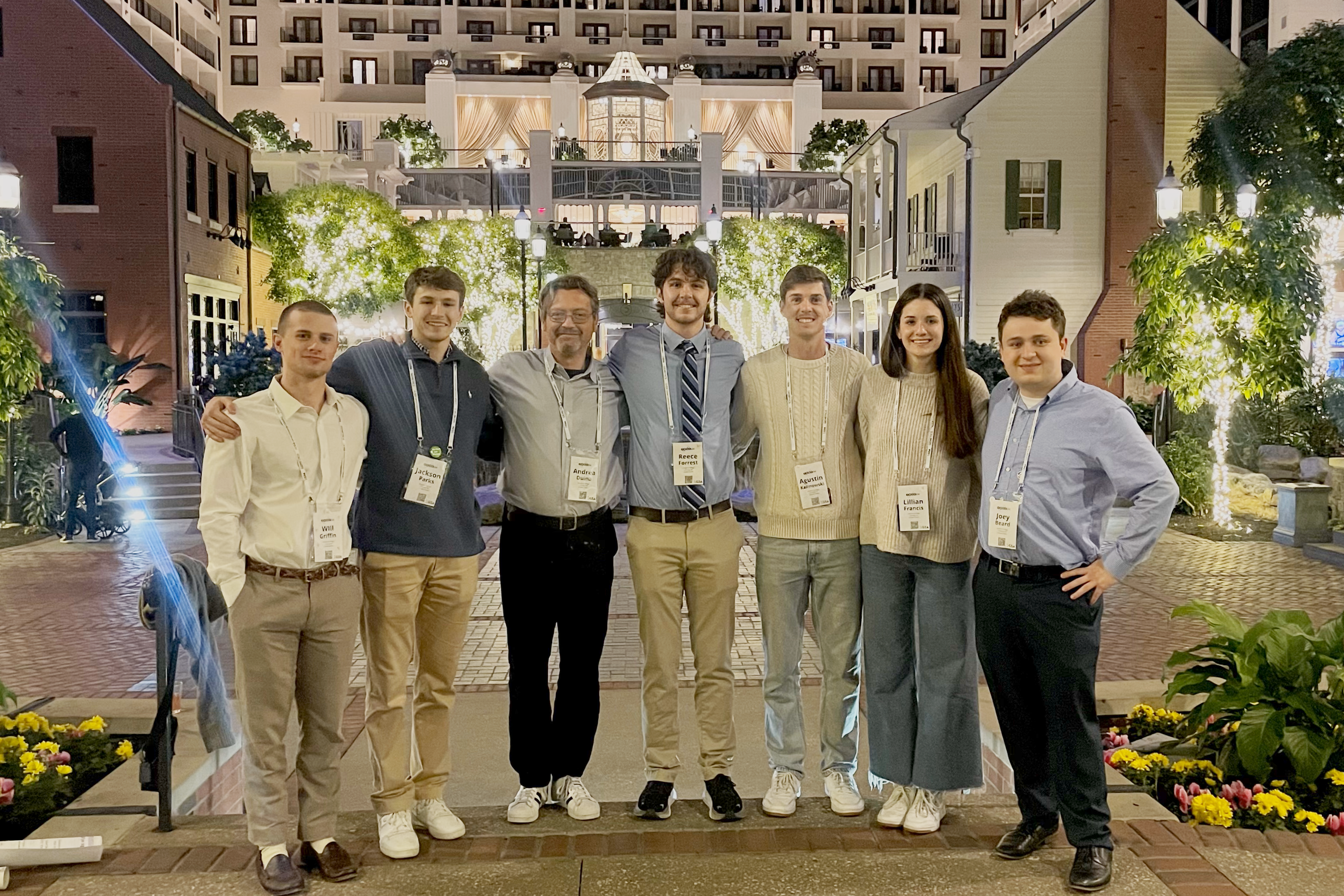 Seven of the eight research authors attended The Allied Genetics Conference (TAGC) in Washington D.C. in March 2024. From left: Will Griffin, Jackson Parks, Andrea Duina, Reece Forrest, Agustin Kalinowski, Lilly Francis, and Joey Beard (not pictured: Caroline Tackett).